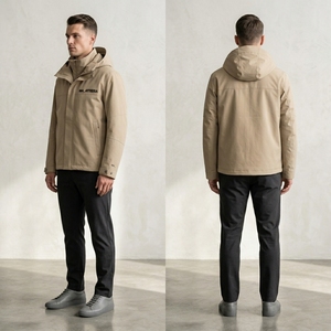 <b>Men</b> Beige Hooded Outdoor <b>Jacket</b> Windproof Full Zip Casual Hiking Camping Workwear <b>Utility</b> <b>Jacket</b> - Product Image 2