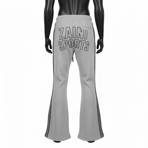 Pantalones Acampanados de Felpa de Algodón Premium, Color Gris, Tacto Suave, Panel Lateral con Pedrería, Parche Acolchado en la Rodilla, Logotipo Personalizado - Product Image 2