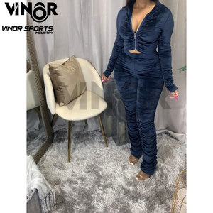 Sweat-shirt à capuche zippé confortable pour femme et pantalon froncé survêtement 2 pièces en velours empilé pour vêtements de sport automne/printemps - Product Image 2