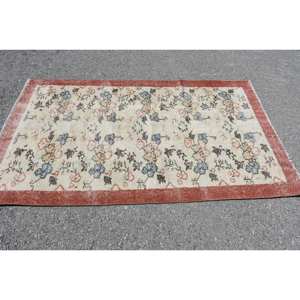 Alfombra de lana Beige tradicional hecha a mano 3,8X6,4 pies diseño rectangular de retazos turcos para sala de estar alfombra de noche con respaldo de látex - Product Image 3