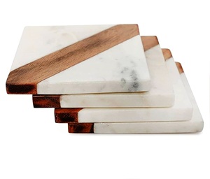 White Marble Coasters <b>Set</b> of 4 for Drink Natural Wood And Marble Mango coaster Made In India - Product Image 1