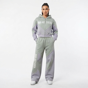 Conjunto de Sudadera Corta con Cremallera y Pantalones Jogger de Pierna Ancha para Mujer, Diseño Bicolor, Bloques de Color, Felpa de Algodón, Chándal OEM al por Mayor - Product Image 1