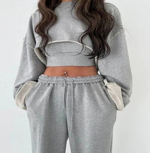 2024 meilleure vente personnalisation mode Sport français Terry survêtements femmes 3 pièces survêtement ensemble pantalons de survêtement coupe ourlet haut court ensemble - Product Image 2