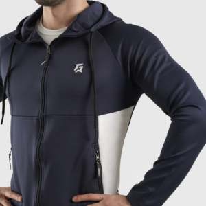 Sudadera con capucha Exulting Navy con cremallera, 100% algodón, cortavientos, con gráfico personalizado serigrafiado y estampado de silicona, diseño forrado con patrón sólido. - Product Image 3
