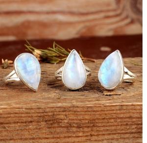 แหวนพลอยมูนสโตนสีรุ้ง925ทึบสไตล์โบโฮประดับพลอยรูปหยดน้ำตาแบบเรียบง่ายเครื่องประดับสำหรับผู้หญิง - Product Image 2