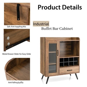 Meuble Bar en Bois Style Mid-Century Moderne, Meuble à Liqueurs Autoportant, <span class=keywords><strong>Buffet</strong></span> avec Casier à Vin et Porte Vitrée – Vente en Gros - Product Image 2