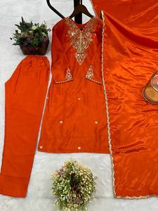 Ensemble Salwar Kameez pour femmes indiennes et pakistanaises, tenue de soirée, moderne, séchage rapide, 5 pièces, vente en gros, tailles M à 3XL, soie chinon gaufrée - Product Image 6