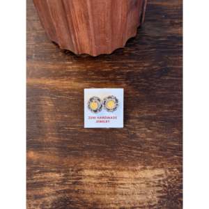 Zuni Handmade Opal & Sterling <b>Silver</b> <b>Stud</b> Earrings Flower Shaped with Bezel Setting for Gift - Product Image 6