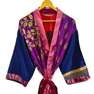 Patchwork Kimono Robe Bikini Cover Up Night Wear Long Robe, hecho a mano indio Vintage reciclado seda Sari Kimono, - Product Image 1