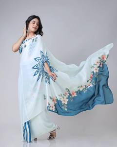 Sari indien en soie crêpe épaisse brodé et imprimé, prêt-à-porter, dernière collection, tenue ethnique, tenue de soirée, séchage rapide, exclusif, tendance, magnifique - Product Image 4