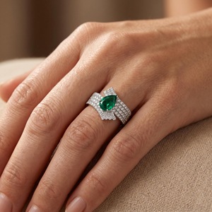 Elegant Pear Shaped Green Gemstone <b>Ring</b> with Pave White Stones Women Luxury Statement <b>Cocktail</b> Jewelry - Product Image 2