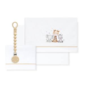 Parure de lit 3 pièces Jirafa Elefante avec porte-sucette, drap bébé 100% coton, motif animal tissé - Product Image 1