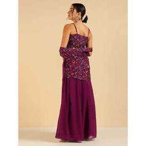 Woven Chiffon Bohemian Spring/Summer Wine Bandhani Strappy <b>Square</b> Neck Breathable Top with Sharara Saree Fusion Women Co-Ord <b>Set</b> - Product Image 4