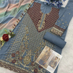 Shalwar Kameez de luxe en Georgette avec travail de pierres Zarkan, Dupatta en soie Organza avec impression numérique, tenue tendance et élégante - Product Image 1