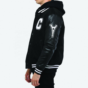 SINEWY SPORTS <b>Men's</b> Black Varsity <b>Jacket</b> PU Leather Sleeves Chenille Patch Embroidery Snap Button Closure Streetwear Autumn Wear - Product Image 3