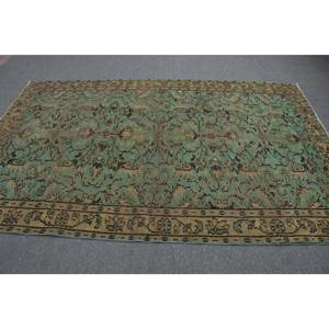 Tapis turc vintage de 5.6x8,9 pieds tissé à plat en laine beige verte avec motif patchwork style aubusson pour les décorations de salon - Product Image 3