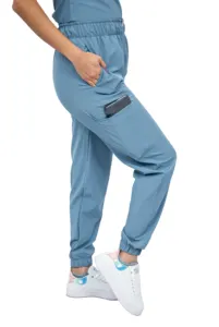 Women Antifluid Blue Mist Scrub Set With Round Neck Top And Stretch Jogger Pants Cargo Pockets Custom