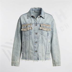 Winter Women Hot Denim Varsity Jacket Tribal Embroidered Beaded Outwear Ripped Lace Casual Loose Customized Color Stylish Coat - Product Image 1