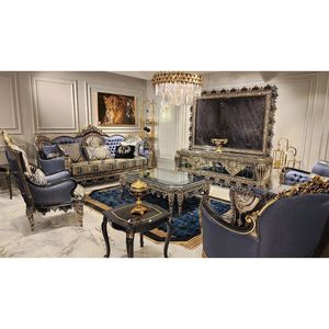 Juego de Sofás Chesterfield de 7 Plazas en Madera de Teca Sólida, Ecológica, Duradera y de Lujo, Color Azul Dorado Tallado, con Mesa de Centro para Sala de Estar o Villa - Product Image 1