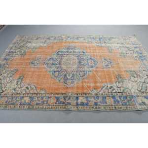 พรมตุรกี ขนาด 5.8x8.7 ฟุต พรมวินเทจ พรมขนสัตว์ลายดอกไม้สีส้มน้ำเงิน - Product Image 2