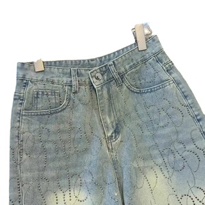 Jeans de Mujer de Cintura Alta con Pedrería, Pantalones Anchos de Mezclilla Elástica y Transpirable - Product Image 2