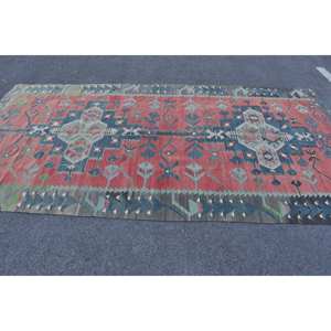 Alfombra Kilim turca Vintage, diseño de retales rojo y azul, 5,2x10,4 pies, tejido plano, respaldo de látex de lana para pasillo, habitación de adolescentes, 10mm - Product Image 3