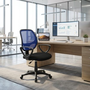 Bleu/noir moderne chaise de bureau ergonomique réglable appui-tête chaise de personnel pivotant Aluminiumpu maille contreplaqué mousse tissu plastique - Product Image 2