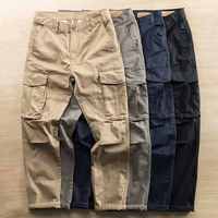 Celana Kargo Kanvas Pria Multi-Saku Regular Fit Kancing Depan Warna Solid Pakaian Luar Ruangan Semua Musim 100% Katun