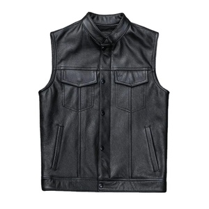 Gilet classique sans manches en peau de mouton véritable noir pour homme, coupe ajustée sur le côté, gilet en cuir véritable pour motard - Product Image 1