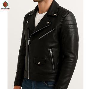 Blouson aviateur en cuir noir pour homme fait à la main, motif uni, doublure en laine, décontracté et élégant - Product Image 3