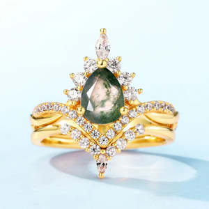 À la mode or 925 argent Sterling Vintage poire coupe mousse Agate diamant bague de fiançailles ensemble vert mousse Agate mariage ensemble de mariée - Product Image 1