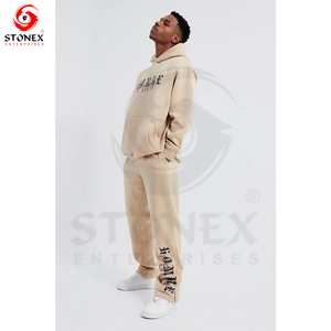 Survêtement à impression bouffante unisexe pour homme avec pantalon évasé et ensemble de sweat à capuche Design personnalisé Techniques lavées grande taille - Product Image 4