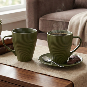 Juego de Tazas de Café de Porcelana Fina Verde Fern de 14 oz, Diseño Minimalista de Lujo con 2 Rayas, Apto para Lavavajillas y Microondas, Regalo para el Día del Padre o el Día del Retiro - Product Image 3