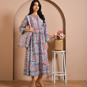 Robe en coton pour femmes, imprimée à motifs, manches longues, longueur midi, fabrication OEM, vente en gros, étiquette personnalisée, fournisseur d'exportation, Inde - Product Image 1