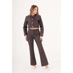 LUSTRIN Women's Gold Buttoned Brown <b>Denim</b> <b>Jacket</b> and Pants Two-Piece Set - Stylish Casual Co-ord Outfit for All Seasons - Product Image 3