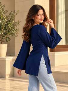 Women’s Solid Navy Blue V Neck Bell Sleeve Tunic <b>Top</b> – Wholesale Casual Fashion Blouse Rayon Casual and Ethnic Wear Short <b>Kurti</b> - Product Image 5