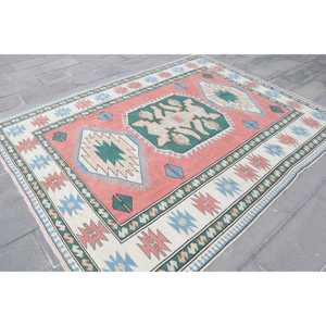 Turkish Vintage Large Rug 7.2x8.9 ft, <b>Red</b> Abstract Rug <b>Wool</b> - Product Image 3