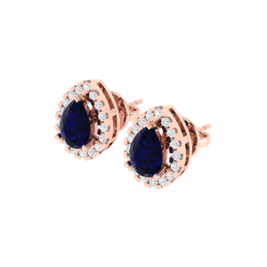 Pendientes de Botón Elegantes de Plata de Ley Chapados en Oro con Dos Piedras de Zafiro en Forma de Pera y Circonita Cúbica de 11x8 mm - Product Image 3