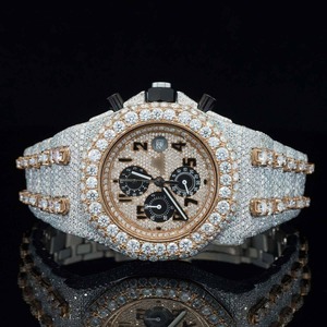 Montre de luxe pour homme en acier inoxydable, mouvement japonais, diamants de laboratoire, entièrement sertie, affichage analogique, résistante à l'eau - Product Image 1
