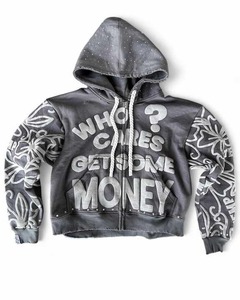 Custom Distressed Hem Rhinestone Pullover Boxy Recortado de gran tamaño Acid Wash Zip up Puff Print Hoodies Hombres - Product Image 4