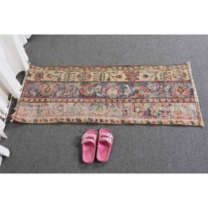 Vintage 1.6x3.8ft Turkish <b>Wool</b> Rug Beige <b>Red</b> Patchwork Abstract Handmade Rug for Entryway 10mm Thick Latex Backing for Teens - Product Image 5