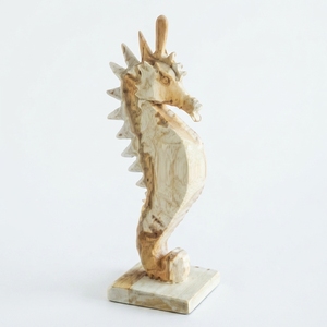 Handcrafted <b>wooden</b> seahorse sculpture <b>rustic</b> teak carved aquatic animal statue coastal ocean table floor accent decoration setup - Product Image 1