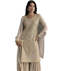Venta al por mayor gris claro Cutdana Zardosi bordado Kurta con borde festoneado Dupatta para fiesta festiva desgaste Recepción de boda - Product Image 2
