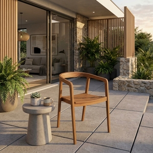 Fauteuil de salle à manger d'extérieur en teck naturel avec dossier incurvé, chaise de patio à lattes, mobilier de décoration de salle, design artistique pur - Product Image 3