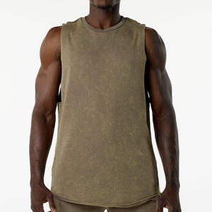 Débardeur de gym 100% coton personnalisé pour hommes grande taille respirant entraînement Fitness débardeur court lavé côtelé col carré tricoté - Product Image 5