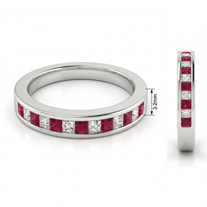 Bague de mariage demi-éternité en or massif 18 carats (AU750) avec rubis véritable taille princesse et diamants naturels sertis en canal, idéale pour un anniversaire - Product Image 4