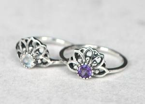 Solid 925 Sterling Silver Simple Vintage Rhodium Plated Bezel Set Christian Women's/Unisex Ring Natural Amethyst Mandala <b>Lotus</b> - Product Image 2