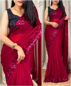 Wunderschöne Sequenzarbeit Georgette bestickter <span class=keywords><strong>Saree</strong></span>: Machen Sie ein Statement mit Stickerei Steinarbeit Handarbeit Rüschen-Saris - Product Image 6