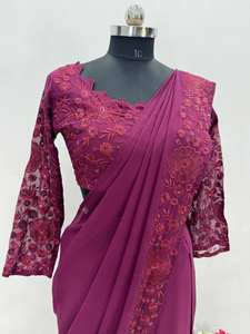 Estilo Bollywood color vino lehenga Saree choli en Faux Georgette con trabajo de secuencia de bordado para Damas Indias pakistaníes - Product Image 2