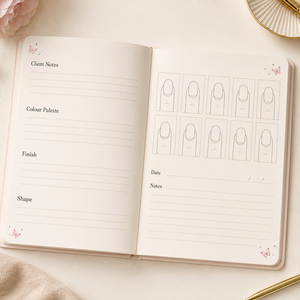 Carnet de notes personnalisé LABON A5 pour salon de manucure, rose blush, couverture rigide, avec motifs argentés et diagrammes de formes et de couleurs - Product Image 3